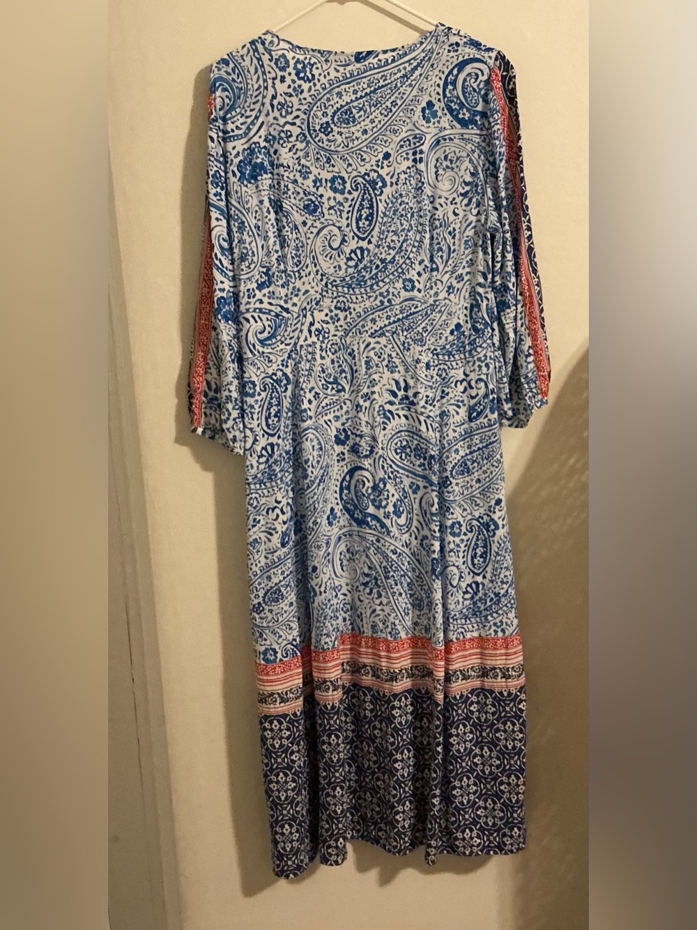 Zara XL Paisley Midi Dress Linen Blend Blue White Red Boho Prairie Resortwear - Picture 5 of 6